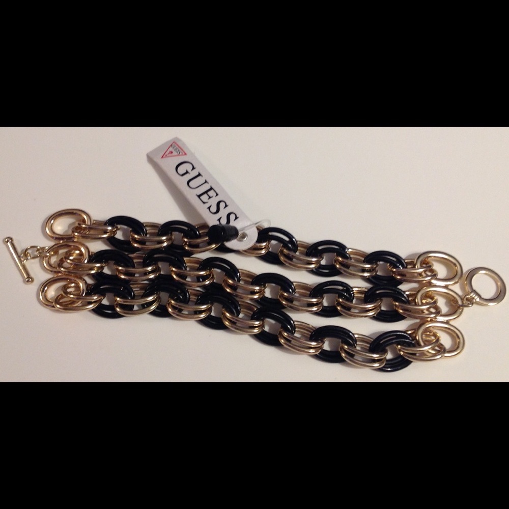 NWT Guess black & gold metal round links bracelet